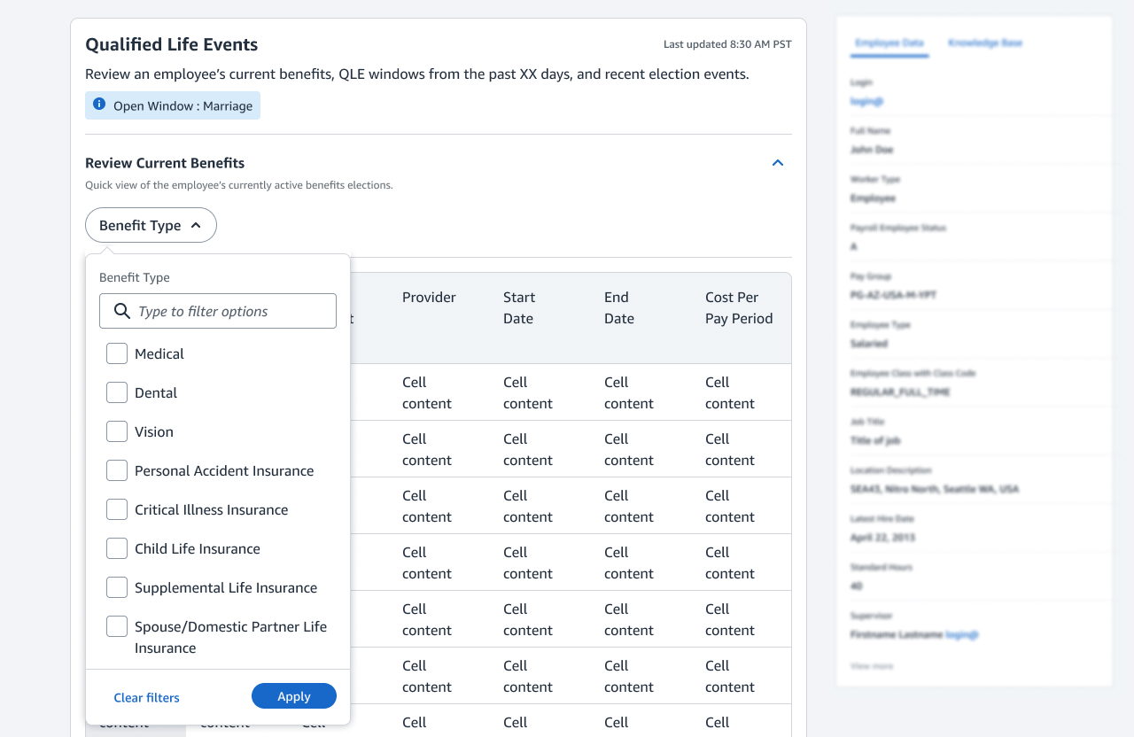 The current benefits step expanded into a table of active elections by provider, start and end date and cost per pay period, with a benefit type filter open over it